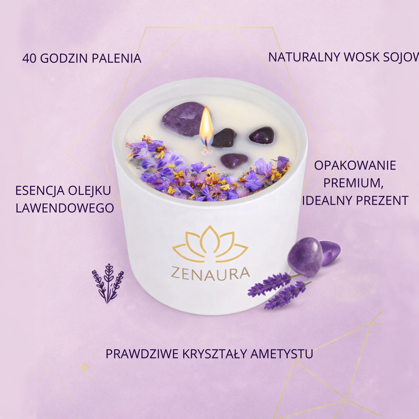 ZenCrystal – Świeca Ametystowa o zapachu lawendy